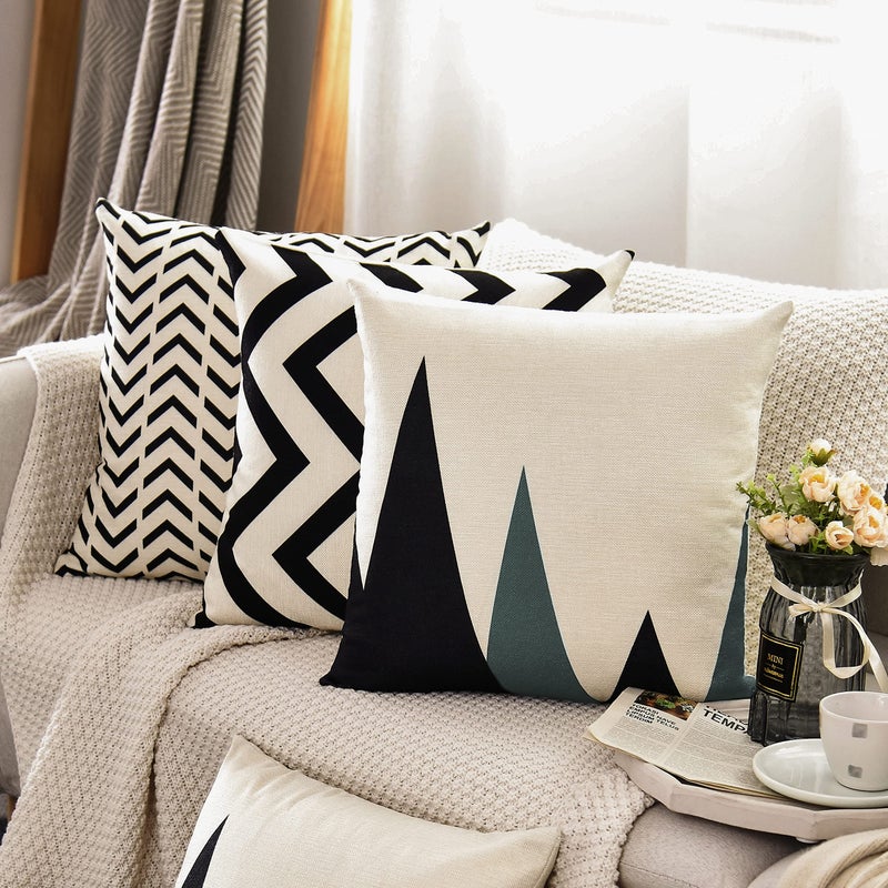 Tosewever Set of 4 Decorative Geometric 18 x 18 Inches Throw Pillow Covers - Modern Pattern Linen Square Pillow Cushion Case for Sofa Couch Bed Home Outdoor Car (18"" x 18""  Beige/Black) - Image 2